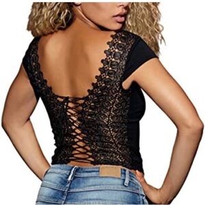 NEW! Black Lace Up Corset Back Cap Sleeve Crop Top Scoop Neck S/M Goth Festival